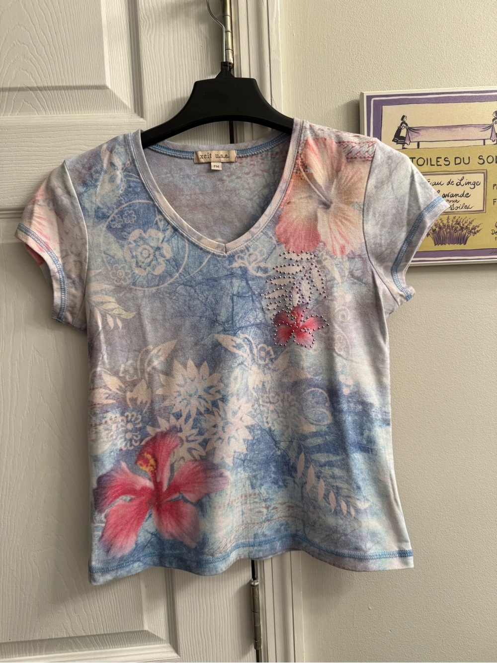 Floral V-Neck Short Sleeve Tee in Blue and Pink